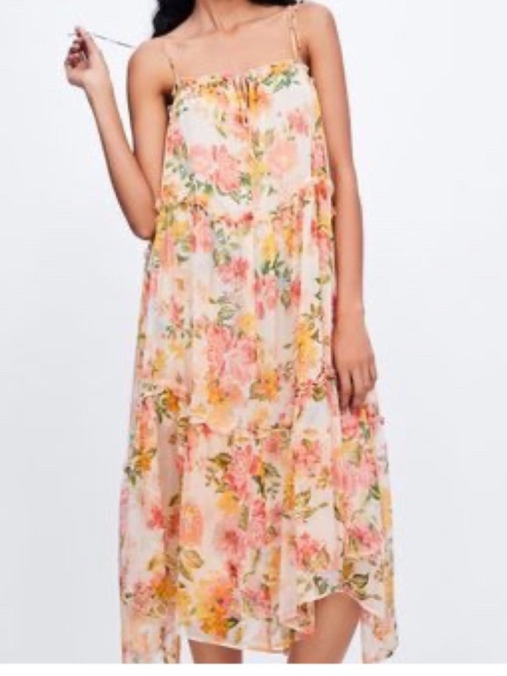 Zara Floral Printed Raffle Dress With Pink, Orange, Yellow Flowers